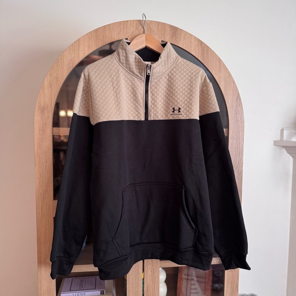 Under Armour Pullover Sweatshirt Men’s L Quarter Zip Black Tan Colorblock Fleece
